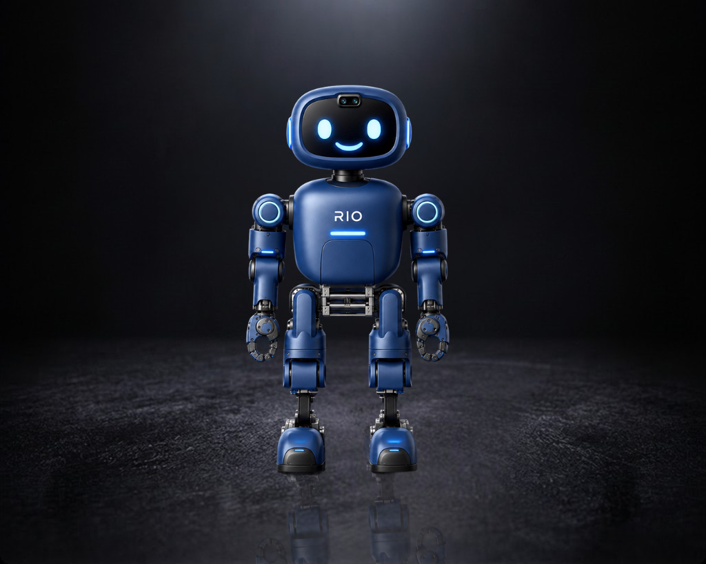 Blue robot with 'RIO' branding on a dark background
